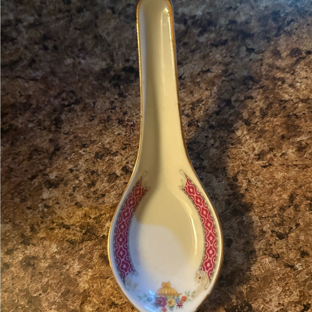 Porcelain Gold-Trimmed Pink Accent Soup Spoon